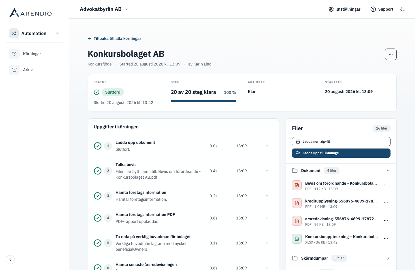 Slutförd Automation-körning med 20 steg och 16 skapade filer