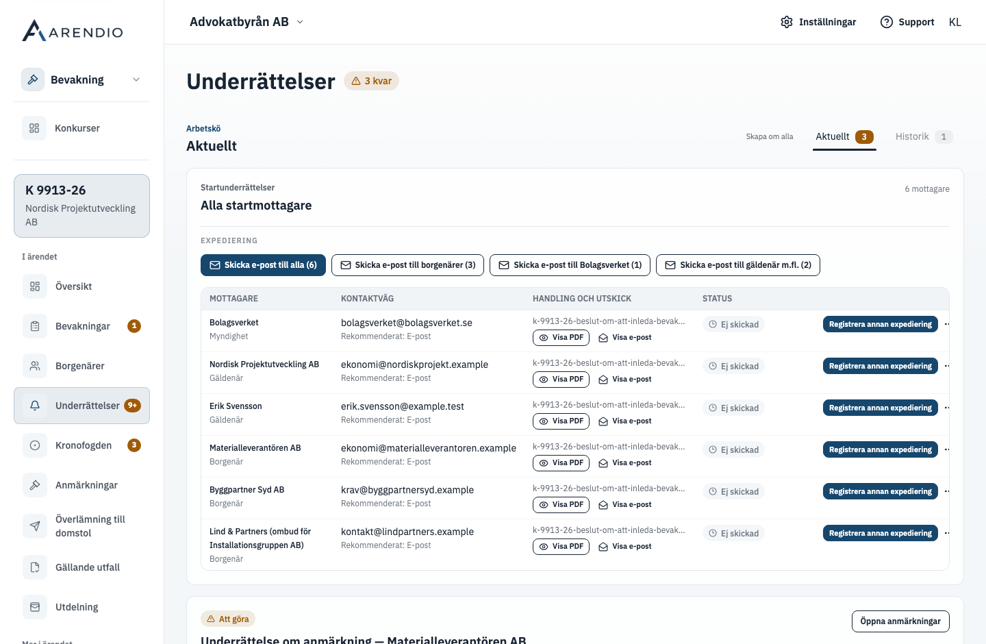 Underrättelser med mottagare, dokument och leveransstatus