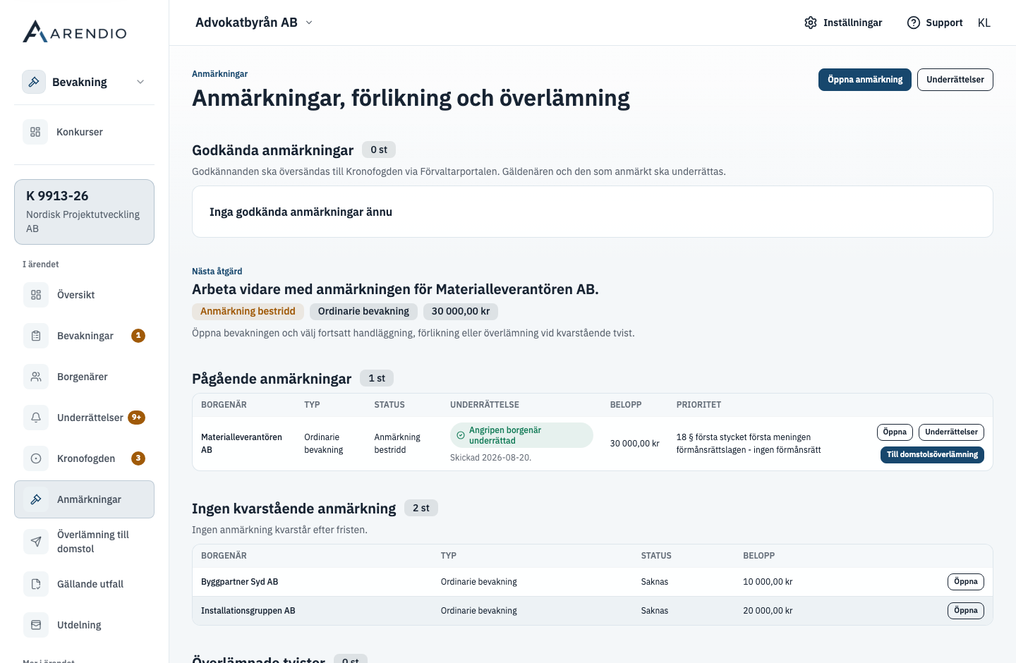 Arbetsyta för anmärkningar, förlikning och överlämning